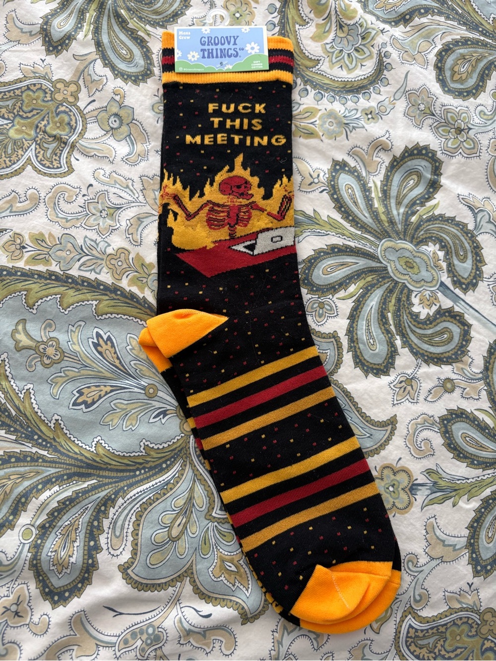 Groovy Things Men's Black & Yellow Novelty Crew Socks - 'F*** This Meeting'